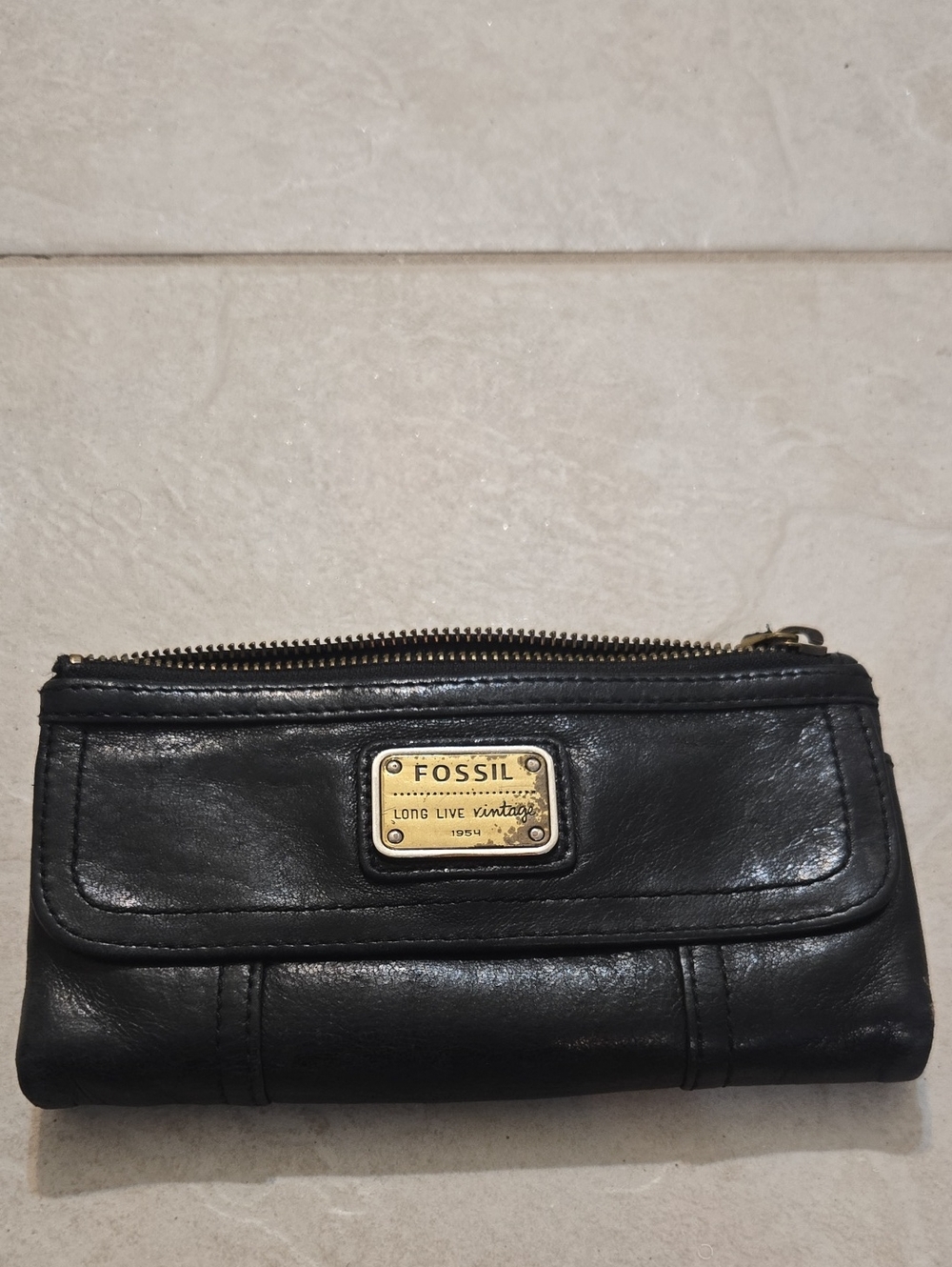 Fossil Black Leather Zip & Flap Wallet with Gold Plate